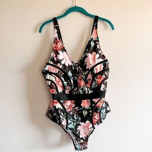 Black & Pink Floral Bodycon V Neck One Piece Swimsuit 0XL